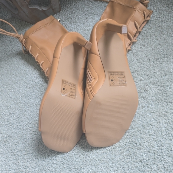 Tan Lace-Up Peep Toe Heeled Boots - Picture 5 of 5